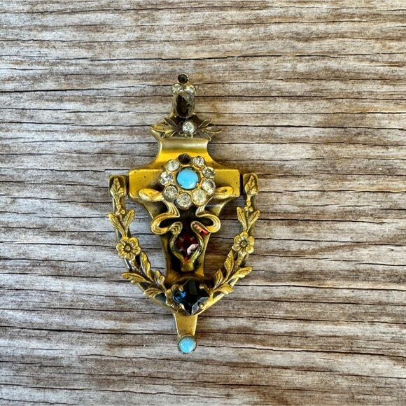 Vintage CORO Signed Flower Repossé Jeweled Turquoise Crystals Brooch